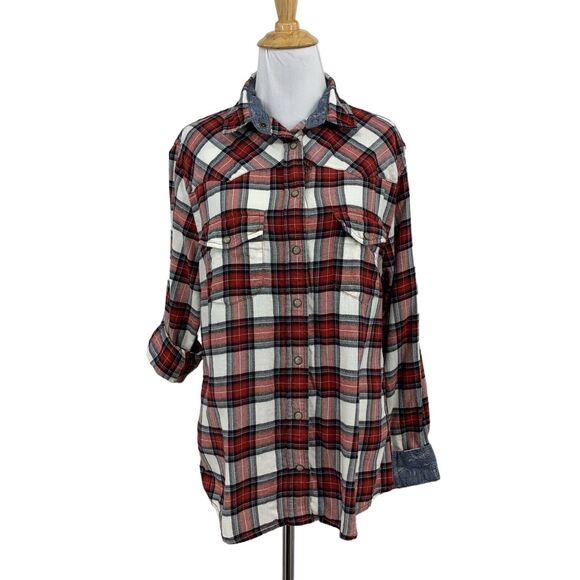 Jachs Girlfriend Shirt Womens M Multi Cotton Bea Flannel Tab Sleeve Snap Buttons - Picture 1 of 14